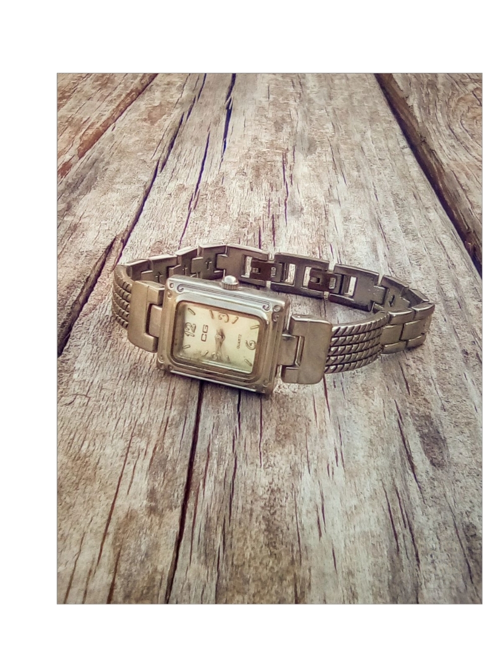 Vintage CG Quartz Watch Silver Tone Square White Dial Link Bracelet 7 In